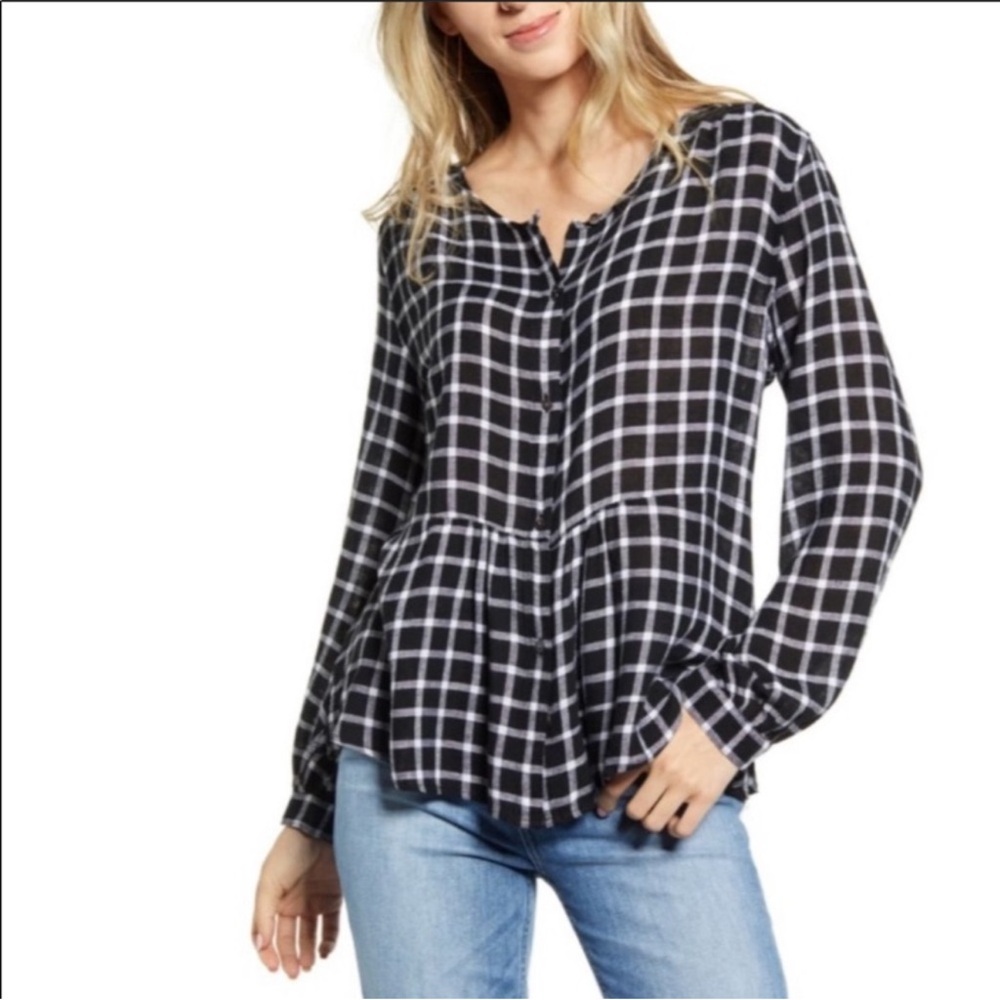 Rails Celeste Plaid Peplum Top in Onyx White Check